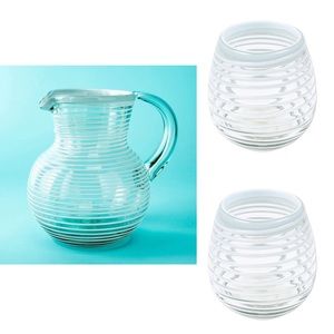 🆕 Handblown Recycled Glass Pitcher & 2 Glasses in White Stripe